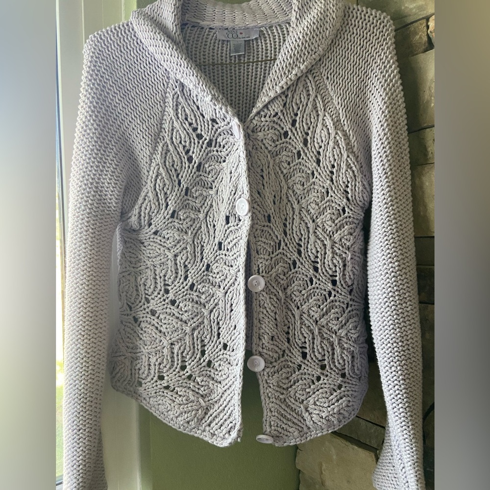 36-38” chest sweater purple cable knit cot blend button Nine co, Nine West